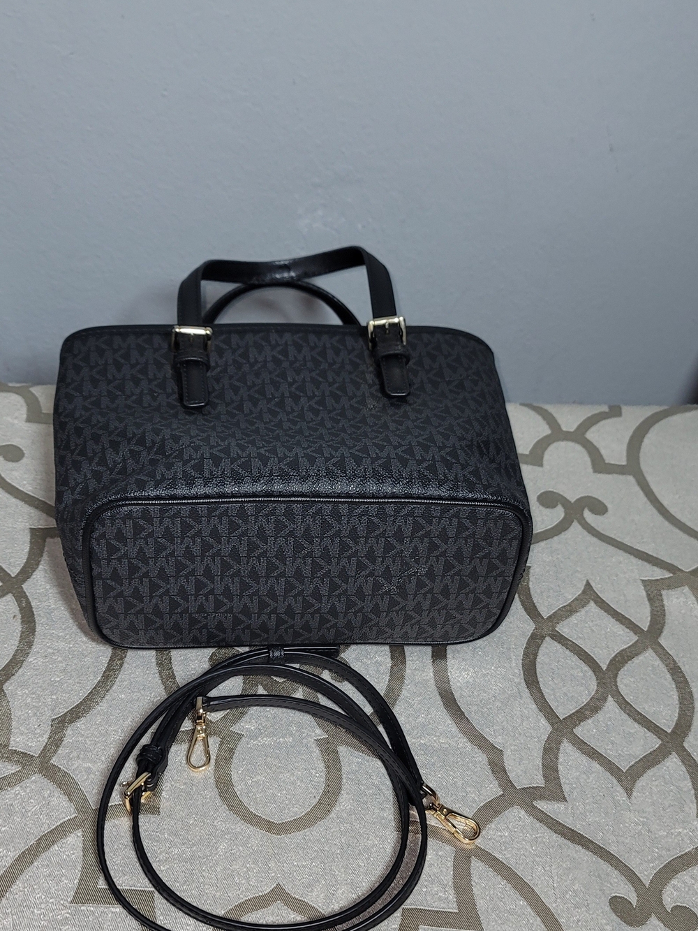 Michael Kors Black MK Logo Tote with Gold Accent Charm - Picture 5 of 7